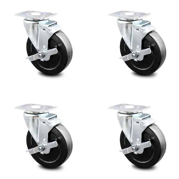 5 Inch Hard Rubber Wheel Swivel Top Plate Caster Set with Brake